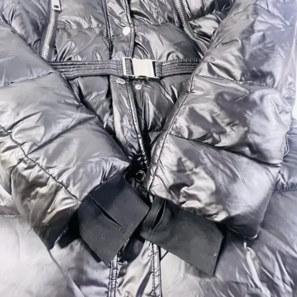 Michael Kors Women's Winter Puffer Hoodie Black And Silver Metal Jacket Size S